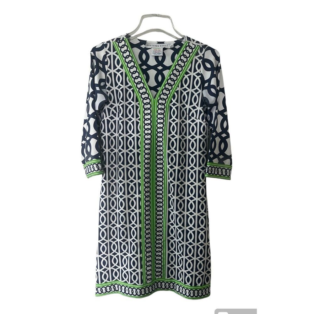 Gretchen Scott Blue White & Green‎ V-Neck Shift Dress Size XS Poly Spandex Cute!